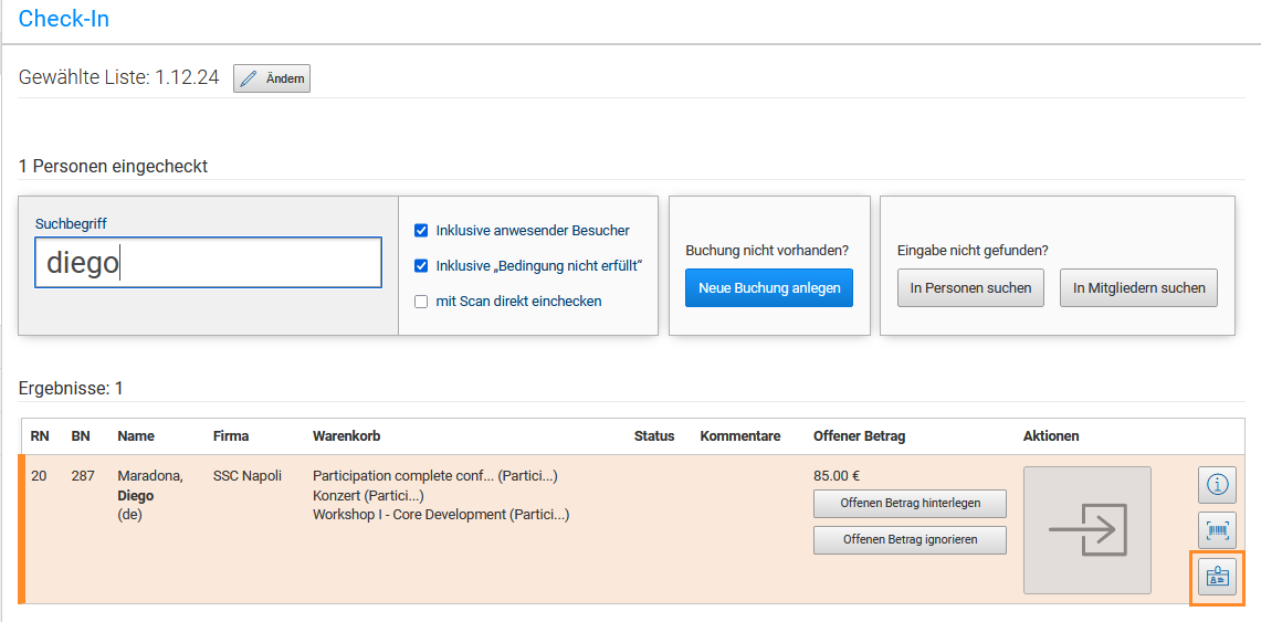 Abb. 3: Badge drucken aus der Check-In-Ansicht