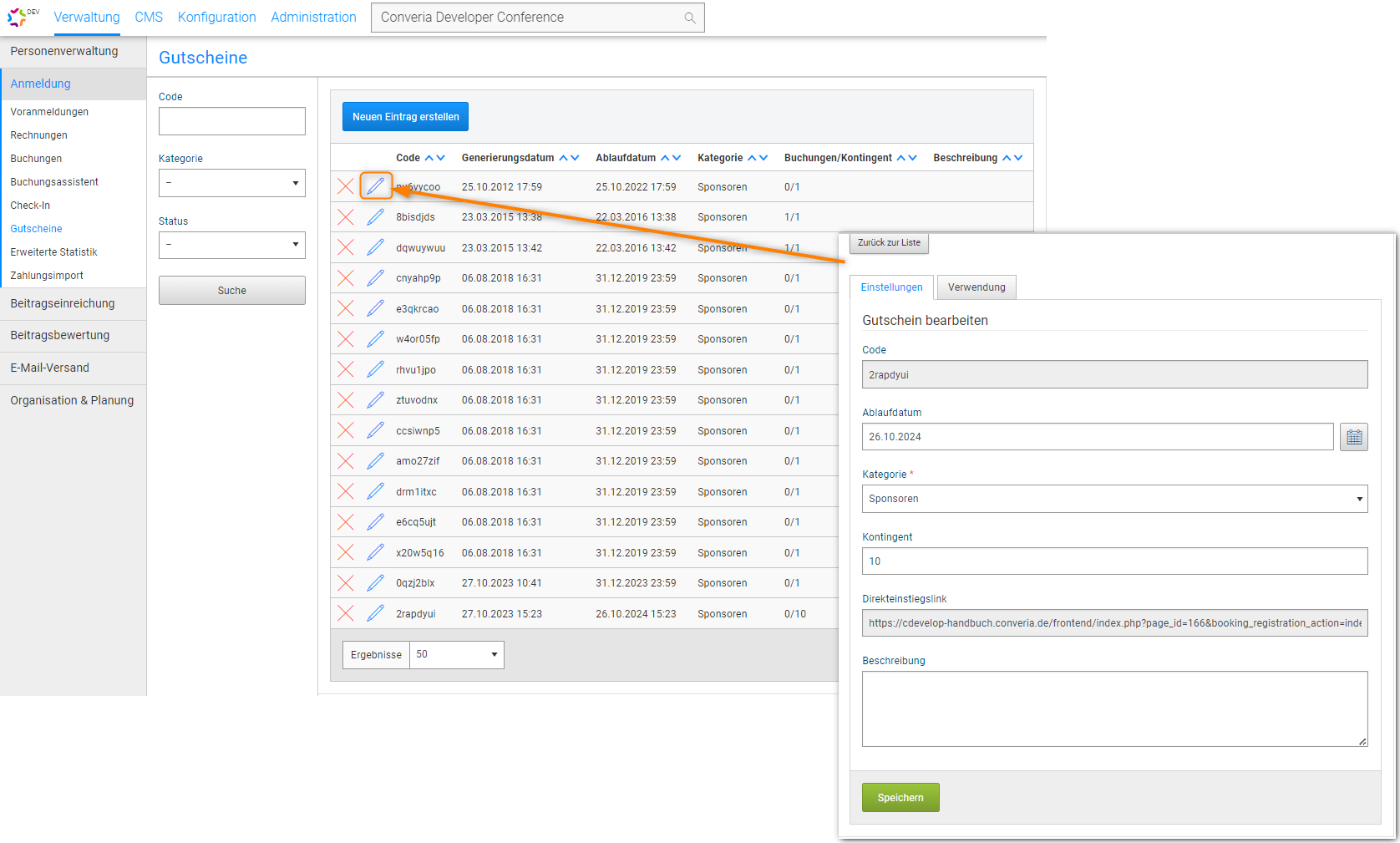 Abb. 1: Verwaltung der Gutscheincodes