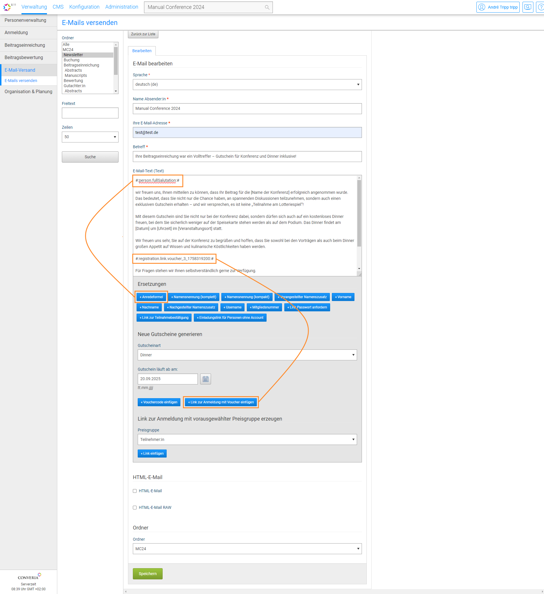 Abb. 2: Verfügbare Ersetzer beim Verfassen einer E-Mail