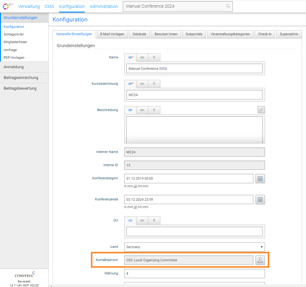 Abb. 2: allgemeinen Kontakt im Backend auswählen
