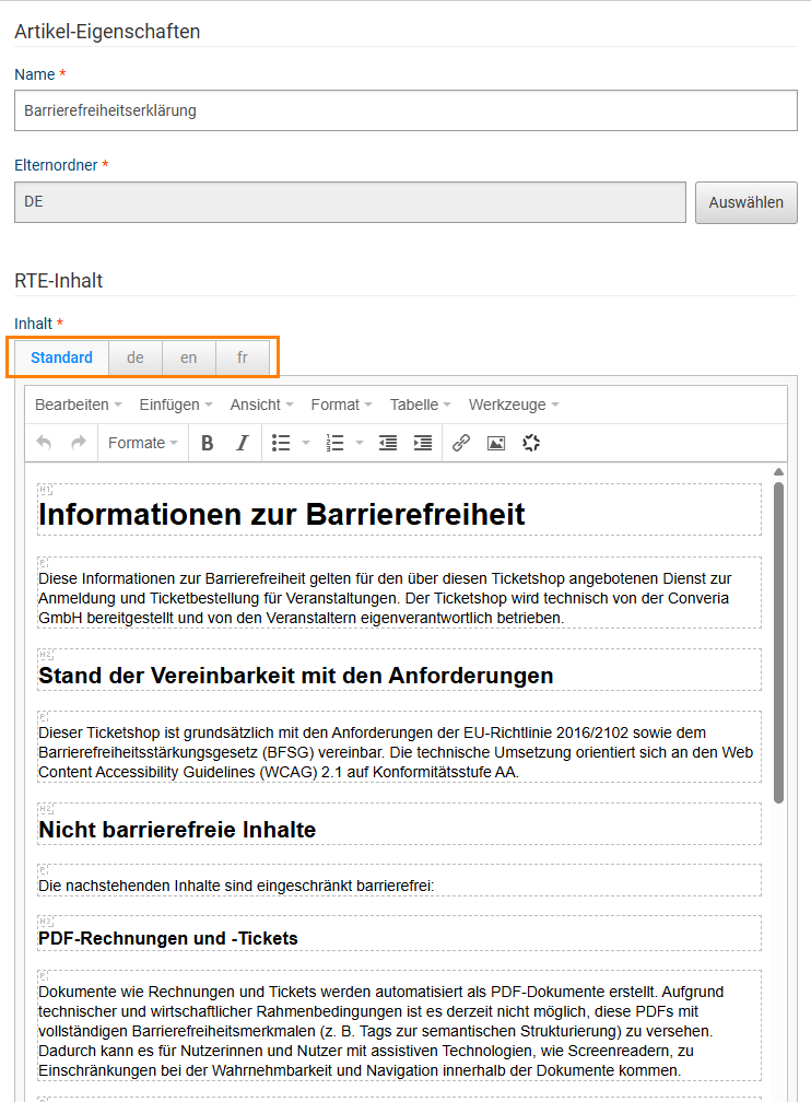 Die Barrierefreiheitserklärung als Artikel in allen verwendeten Sprachen anlegen.
