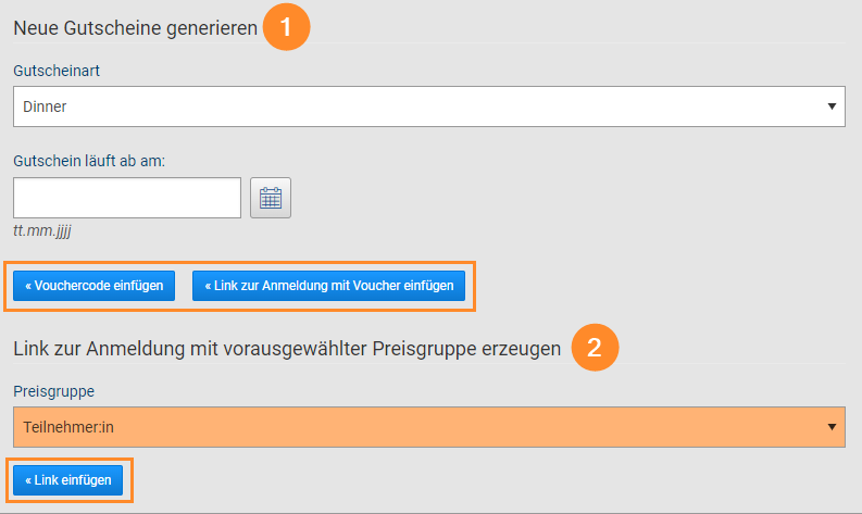 Abb. 3: Link zur Anmeldung mit vorausgewählter Preisgruppe / Vouchercodes & Anmeldelink mit Voucher