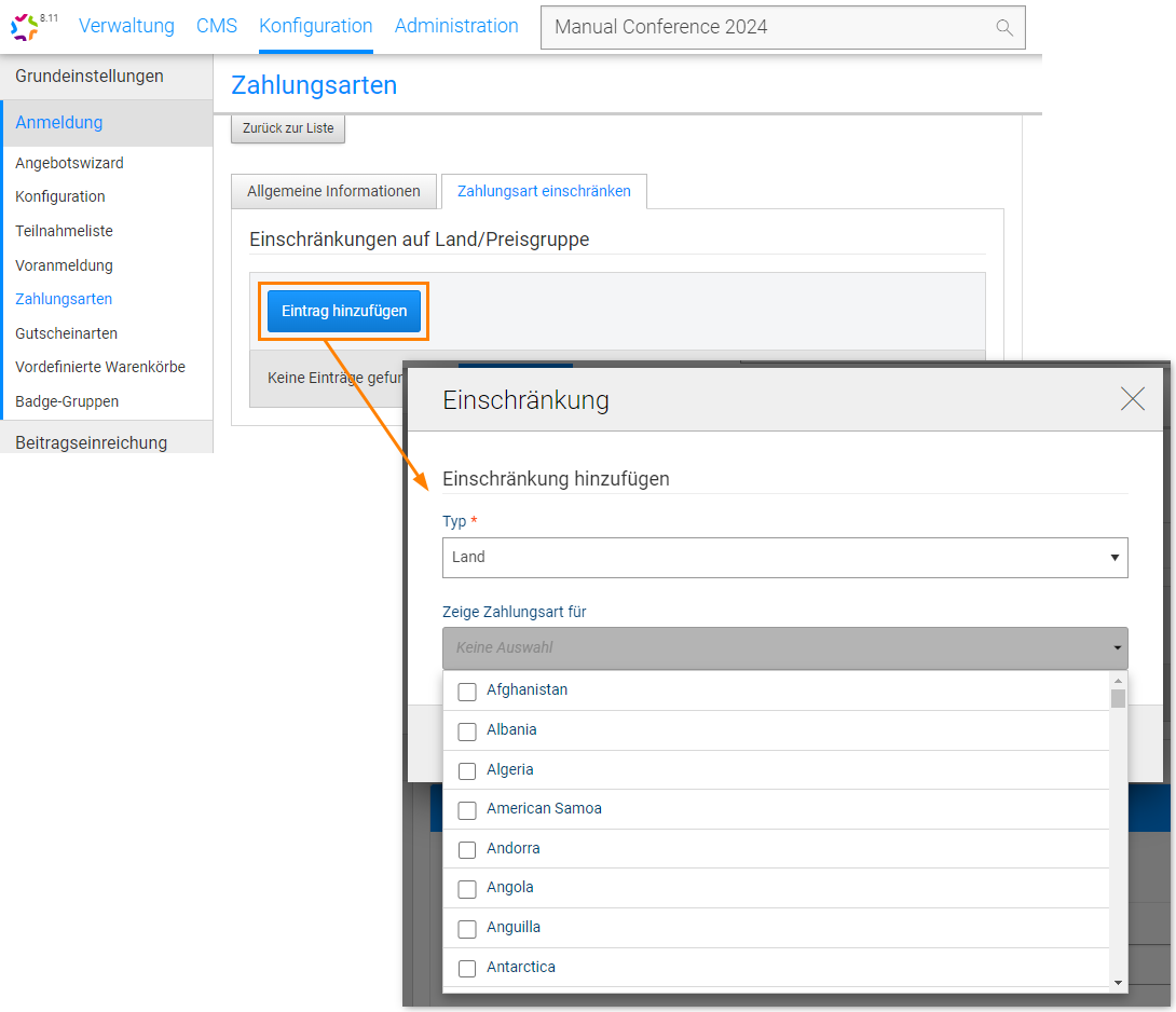 Abb. 3: Einschränkung der Zahlungsart auf bestimmte Länder