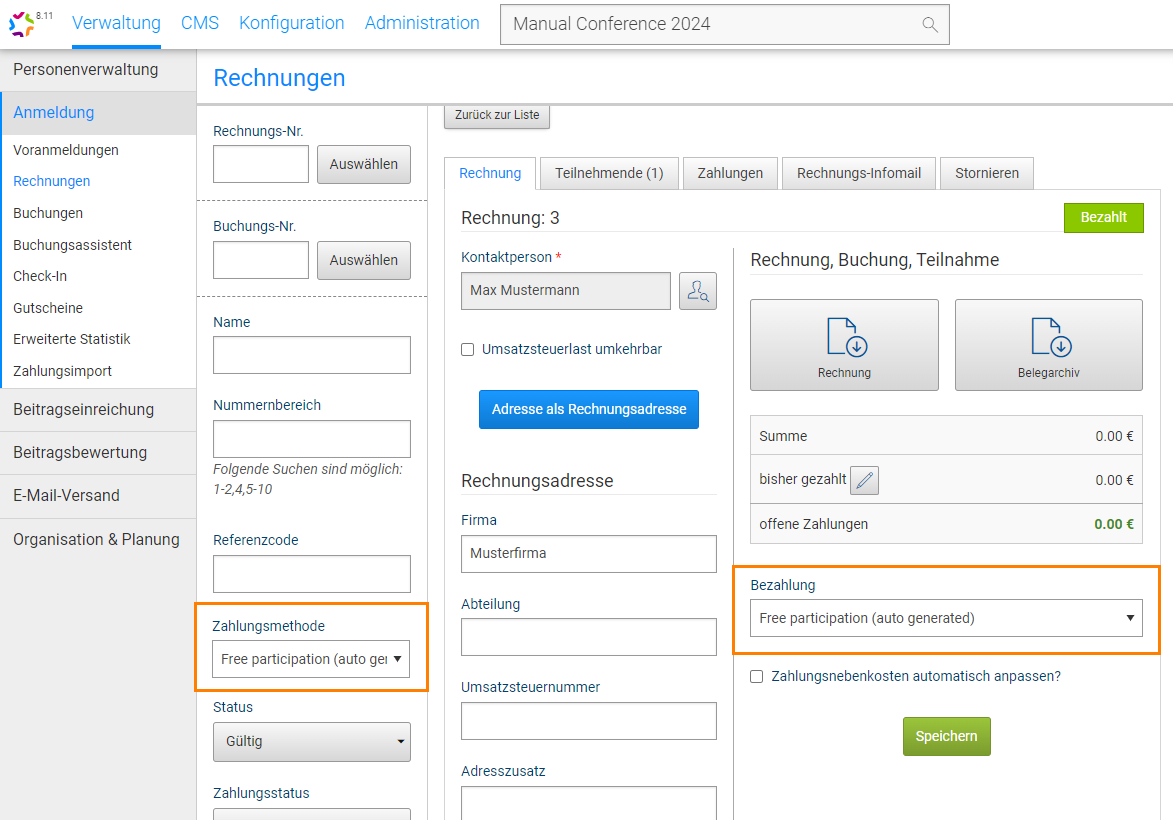 Abb. 2: 0-€-Rechnung mit der Zahlungsart kostenfreie Teilnahme; in der Rechnungsübersicht kann danach gefiltert werden