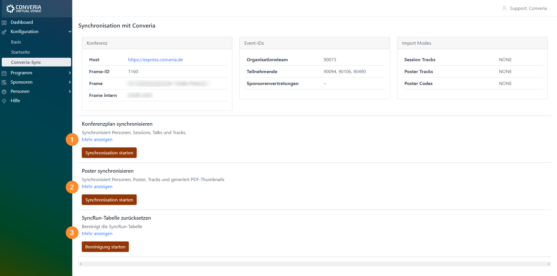 Abb. 1: Backend-Ansicht - Converia-Sync-Seite