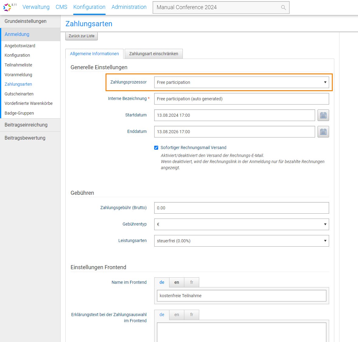 Abb. 1: Standardkonfiguration für die Zahlungsart kostenfreie Teilnahme