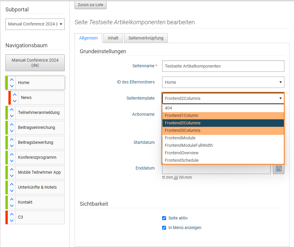 Abb. 1: Auswahl des Seitentemplates