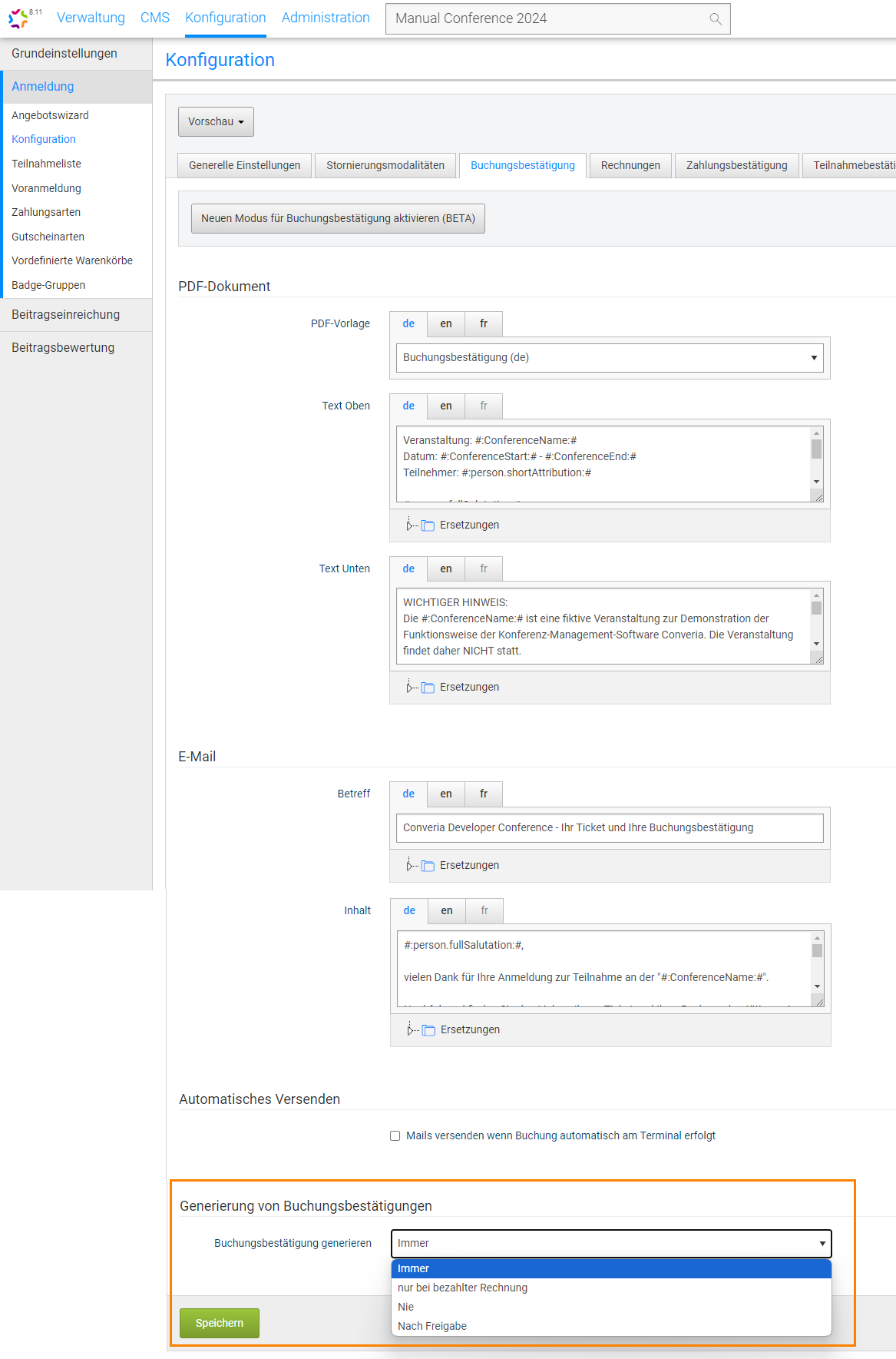 Zeitpunkt festlegen, zu dem die Buchungsbestätigung verfügbar ist