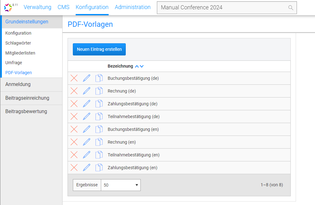 Übersicht über vorhandene PDF-Vorlagen